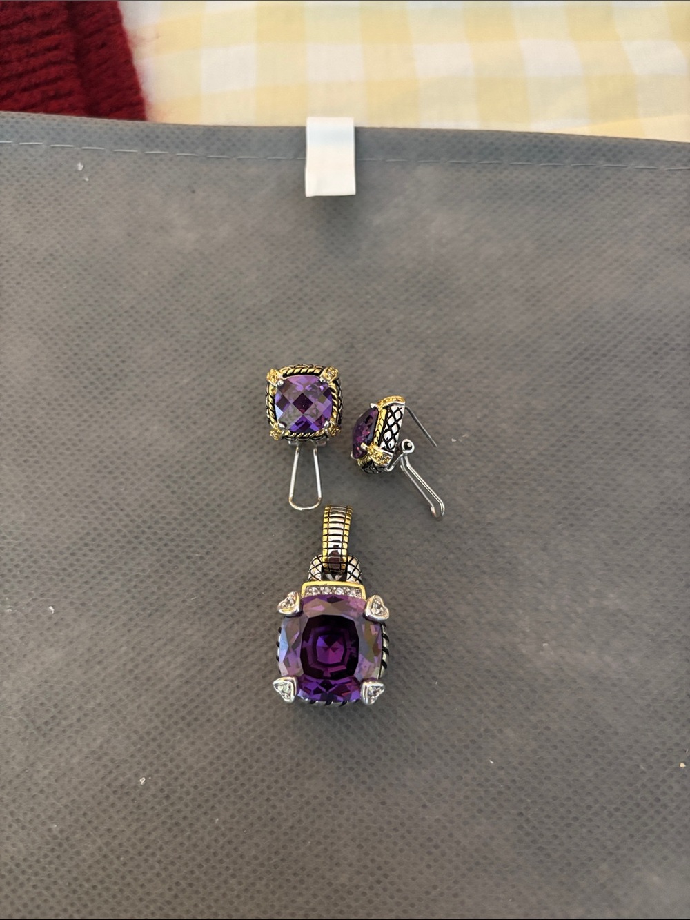 Source Unknown Purple and Gold Stone Pendant with Matching Earrings